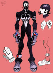  2000s_(style) alternate_costume arms_at_sides beard black_bodysuit black_collar black_hat black_lips black_sclera black_sleeves bodysuit character_name character_profile collar collared_bodysuit colored_sclera concept_art cool_cool_toon earrings facial_hair facing_away glove_cuffs gloves grey_footwear grey_gloves gyoubu_ippei hat highres jewelry king_(cool_cool_toon) legs_apart lips long_arms long_legs long_sleeves looking_at_viewer looking_up male_focus nose number_print official_alternate_costume official_art partially_fingerless_gloves pink_background print_bodysuit print_headwear print_sleeves profile red_eyes reference_sheet sideburns simple_background single_ankle_cuff sketch skull_print skull_shoes snk standing straight-on tall_male third-party_source toon_(style) translation_request 