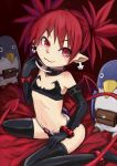  1girl absurdres black_gloves black_legwear black_skirt demon_girl demon_tail disgaea earrings elbow_gloves etna flat_chest from_above gloves highres jewelry looking_up makai_senki_disgaea microskirt miki_nezumi prinny red_eyes red_wings redhead sitting skirt skirt_tug skull_earrings tail thigh-highs twintails wariza wings 