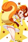  1girl animal_ears arisugawa_himari bow brown_eyes brown_hair choker cowboy_shot cure_custard dress earrings elbow_gloves food_themed_hair_ornament gloves hair_ornament highres jewelry kirakira_precure_a_la_mode magical_girl namazu_(dc_27546) ponytail precure red_neckwear short_hair smile solo squirrel_ears squirrel_tail star tail white_gloves yellow_background yellow_bow yellow_dress 