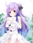  1girl azur_lane bangs bare_shoulders black_bow black_ribbon blush bow breasts closed_mouth commentary_request dew_drop dress elbow_gloves eyebrows_visible_through_hair gloves hair_bun hair_ribbon highres leaf long_hair looking_at_viewer medium_breasts object_hug one_side_up purple_hair ribbon side_bun sidelocks sitting solo stuffed_animal stuffed_pegasus stuffed_toy suzuta_yume thigh-highs unicorn_(azur_lane) very_long_hair violet_eyes water_drop white_background white_dress white_gloves white_legwear 