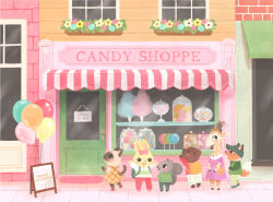  3boys 3girls animal_on_head backpack bag balloon bear black_eyes blush candy cat checkered_clothes checkered_dress chibi chibi_only child cotton_candy day door dress emmbrr flower food fox furry giraffe green_hoodie highres hood hoodie jar lollipop looking_at_another looking_at_food mouse_(animal) multiple_boys multiple_girls no_lineart on_head open_sign original outdoors purple_dress rabbit sandwich_board shoes shoulder_bag siamese_cat side-by-side sidewalk sign size_difference squirrel storefront swirl_lollipop urban wide_shot window 