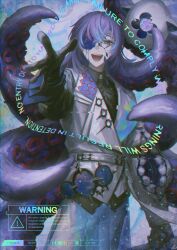  1boy :d absurdres belt belt_buckle black_gloves black_shirt blue_hair buckle chain collar collared_shirt commentary_request cowboy_shot crack cracked_skin crossed_bangs english_text gloves green_eyes hair_between_eyes hakobune_noark highres hollow_body holographic_clothing hoshirube_sho jacket lapels layered_sleeves long_hair long_sleeves looking_at_viewer male_focus multicolored_background multicolored_clothes multicolored_hair multicolored_skirt nijisanji open_mouth outstretched_arm outstretched_hand pants pants_under_skirt pleated_skirt puffy_long_sleeves puffy_sleeves purple_hair shirt side_slit sign simple_background single_sleeve skirt smile solo standing streaked_hair suction_cups teeth tentacles virtual_youtuber warning_sign white_belt white_collar white_jacket white_pants wing_collar 