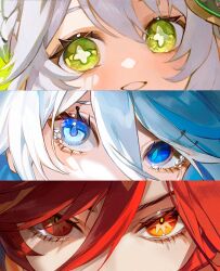  close-up eye_focus furina_(genshin_impact) genshin_impact long_hair mavuika_(genshin_impact) mismatched_pupils multicolored_eyes multicolored_hair nahida_(genshin_impact) orange_eyes orange_hair redhead srro_yo sunburst_iris symbol-shaped_pupils two-tone_eyes two-tone_hair 