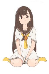  1girl bluearcadegames brown_eyes brown_hair brown_sailor_collar brown_serafuku dress full_body highres long_hair make_heroine_ga_oo_sugiru! neckerchief nukumizu_kaju sailor_collar sailor_dress school_uniform serafuku simple_background sitting socks white_background white_dress yellow_neckerchief yellow_socks 