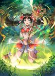  1girl animal_ears bangs bare_shoulders blue_eyes blunt_bangs breasts brown_hair cat_ears day dress eihi feathers flower forest grass hair_feathers hair_flower hair_ornament holding holding_staff kneeling last_chronicle long_hair long_sleeves looking_at_viewer magic medium_breasts nature no_socks official_art open_clothes open_dress open_mouth outdoors red_dress sandals solo staff tree very_long_hair watermark 