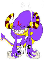  2000s_(style) 8-ball cigarette claws colored_sclera colored_skin concept_art cool_cool_toon demon_horns devil_(cool_cool_toon) fangs gold_piercing gold_teeth gyoubu_ippei half-closed_eyes hand_tattoo heart horns hunched_over legs_apart monster no_humans official_art piercing purple_skin purple_tail red_sclera shoes simple_background sketch smoking sneakers snk standing striped_horns tail tail_ornament tail_piercing tattoo teeth toon_(style) translation_request white_background white_eyes white_footwear 