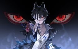  1boy absurdres animal_ears ayn_alwyn bell black_background black_hair black_jacket blood blood_on_clothes blue_blood chain chain_necklace closed_mouth collared_shirt covering_one_eye cuts disembodied_eye electricity eye_trail eyes_in_shadow fake_animal_ears fengtu_ad hair_between_eyes hand_on_own_face highres injury jacket jewelry light_trail long_sleeves looking_at_viewer lovebrush_chronicles male_focus mechanical_ears neck_bell necklace open_clothes open_collar open_jacket parted_lips red_eyes serious shirt short_hair single_off_shoulder slit_pupils smoke solo straight-on torn_clothes torn_jacket white_shirt wolf_ears 