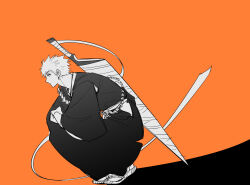  1boy black_kimono bleach closed_mouth expressionless full_body ghost_the greyscale_with_colored_background highres japanese_clothes kimono kurosaki_ichigo leaning_forward long_sleeves looking_ahead male_focus orange_background profile short_hair simple_background sketch solo spiky_hair squatting sword weapon wide_sleeves zangetsu_(shikai) 