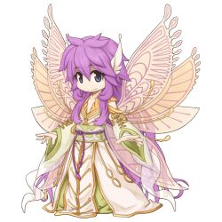  1boy blue_eyes butterfly_wings chibi chibi_only closed_mouth full_body gold_trim green_sash hair_between_eyes head_wings insect_wings long_hair long_sleeves looking_at_viewer male_focus mayor_jun_kardui medium_bangs obi official_art purple_hair ragnarok_online robe sash sidelocks simple_background smile solo split_mouth standing transparent_background transparent_wings very_long_hair white_robe white_wings wide_sleeves wings yuichirou 