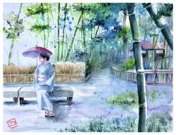  absurdres bamboo bamboo_forest bench blue_kimono corrugated_galvanized_iron_sheet fence forest grass highres holding holding_umbrella japanese_clothes kimono nature original painting_(medium) red_sash sash sazanka_352 scenery shadow shelter stone_bench traditional_media tree_shade umbrella watercolor_(medium) wide_sleeves wooden_fence 