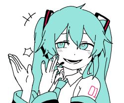  +++ 1girl :d arm_tattoo armpit_crease bbyong403 blush clapping collared_shirt commentary detached_sleeves double-parted_bangs fingernails flat_color green_eyes green_hair green_nails green_necktie hair_between_eyes hands_up hatsune_miku headset long_bangs long_hair looking_at_viewer lower_teeth_only nail_polish necktie number_tattoo open_hands open_mouth portrait shirt simple_background sleeveless sleeveless_shirt smile solo symbol-only_commentary tattoo teeth twintails vocaloid white_background white_shirt 