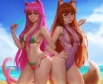  2girls animal_ears beach bikini blazblue blue_sky breasts brown_hair cat_ears cat_tail closed_mouth clouds daria_leonova day deviantart_username fox_tail glasses hair_over_breasts holo kokonoe locked_arms long_hair looking_at_viewer medium_breasts multiple_girls multiple_tails nail_polish navel ocean one-piece_swimsuit orange_nails outdoors pink_hair pink_nails purple_swimsuit rectangular_eyewear red_eyes revision shore sky spice_and_wolf stomach sunlight swimsuit tail very_long_hair watermark web_address wolf_ears 