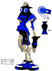  1boy 2000s_(style) alternate_color alternate_costume arms_at_sides bandaged_arm bandaged_fingers bandaged_hand bandaged_leg bandages black_gloves black_jacket black_pants blue_footwear blue_headphones blue_jacket blue_pants blue_sleeves character_name character_profile collared_jacket concept_art cool_cool_toon covered_eyes fingerless_gloves gloves gyoubu_ippei headphones highres jacket legs_together male_focus mirror_(cool_cool_toon) multicolored_clothes multicolored_jacket mummy official_alternate_color official_alternate_costume official_art pants shoes simple_background single_glove sketch sleeves_past_elbows sneakers snk sportswear standing striped_clothes striped_pants striped_sleeves tall_male toon_(style) translation_request two-tone_jacket unworn_headphones vertical-striped_clothes vertical-striped_pants vertical-striped_sleeves white_stripes 