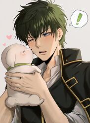  ! 1boy absurdres animal asada_sadao black_coat black_vest blue_eyes blush closed_eyes coat collar collared_shirt dog gintama green_collar green_hair grey_background hair_between_eyes heart highres hijikata_toushirou holding holding_animal holding_dog licking licking_another&#039;s_face male_focus one_eye_closed parted_lips saliva shirt short_hair simple_background solo spoken_exclamation_mark teeth upper_body v-shaped_eyebrows vest white_shirt 