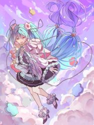  1girl aqua_ribbon birthday black_footwear black_skirt braid cape clouds cloudy_sky collar commentary flower frilled_collar frills full_body green_eyes hair_flower hair_ornament hatsune_miku high_heels long_hair long_sleeves magical_mirai_(vocaloid) magical_mirai_miku magical_mirai_miku_(2021) mikan_(pixiv43546370) music open_mouth pleated_skirt ribbon shoes singing skirt sky socks solo twintails two-sided_cape two-sided_fabric very_long_hair vocaloid white_flower white_socks wide_sleeves 