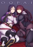  2girls asymmetrical_docking bangs black_gloves blue_eyes blush bodysuit breast_press breasts bright_pupils closed_mouth covered_navel evan_yang eyebrows_visible_through_hair fate/grand_order fate_(series) fingerless_gloves gloves impossible_bodysuit impossible_clothes large_breasts light_smile long_hair looking_at_viewer lying minamoto_no_raikou_(fate/grand_order) multiple_girls on_side parted_bangs parted_lips pauldrons purple_hair red_eyes scathach_(fate/grand_order) turtleneck 