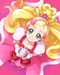  1girl blonde_hair chocokin closed_mouth collarbone cure_flora earrings from_above gloves go!_princess_precure green_eyes hands_clasped haruno_haruka highres jewelry long_hair looking_at_viewer magical_girl multicolored_hair own_hands_together pink_background pink_hair pink_skirt precure puffy_sleeves simple_background skirt smile solo streaked_hair thick_eyebrows two-tone_hair white_gloves 