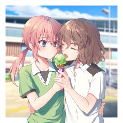  2boys aqua_eyes blush brown_hair closed_eyes closed_mouth food fujimura_hinami green_shirt highres holding holding_food holding_ice_cream holding_ice_cream_cone ice_cream ice_cream_cone inazuma_eleven_(series) inazuma_eleven_go kirino_ranmaru long_hair male_focus medium_hair multiple_boys open_mouth pink_hair shindou_takuto shirt short_hair tongue tongue_out twintails white_shirt 