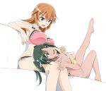  2girls :d ass bare_legs barefoot blue_eyes bra breasts camisole charlotte_e_yeager couch dark_skin dimples_of_venus eyebrows_visible_through_hair fang francesca_lucchini frill_trim green_eyes green_hair hair_between_eyes hair_ribbon large_breasts leg_lift long_hair lying multiple_girls nanashino on_back open_mouth orange_hair panties pink_bra ribbon sitting small_breasts smile strike_witches twintails underwear underwear_only world_witches_series yellow_panties 