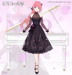  1girl asuka_hk bare_legs black_dress black_footwear blue_eyes butterfly_hair_ornament criss-cross_straps dress frilled_dress frills go-toubun_no_hanayome hair_ornament high_heels highres hime_cut instrument long_sleeves looking_at_viewer nakano_nino original piano ponytail redhead see-through see-through_sleeves standing 