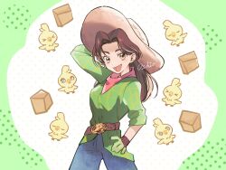  &gt;_&lt; 1girl :d bandana bandana_around_neck belt belt_buckle bird box brown_belt brown_hair buckle cardboard_box chick commentary_request cowboy cowboy_hat denim dot_nose farm_merge_valley gloves green_background green_gloves green_shirt hand_on_own_head hand_on_own_hip hat highres hunwarishio jeans looking_at_viewer lower_teeth_only pants ponytail red_bandana shirt smile solo teeth two-tone_background white_background 