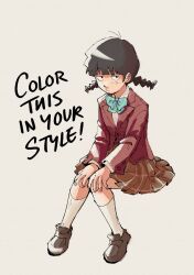  1girl black_eyes black_hair bow bowtie braid brown_footwear charcoyours diagonal-striped_bow diagonal-striped_bowtie diagonal-striped_clothes full_body genderswap genderswap_(mtf) green_bow green_bowtie hands_on_own_knees highres invisible_chair jacket kageyama_shigeo knees_together_feet_apart kyokyeo loafers low_twin_braids miniskirt mob_psycho_100 pleated_skirt red_jacket school_uniform shoes sitting skirt socks solo striped_clothes twin_braids white_socks 