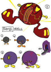  2000s_(style) 6+others bleeding blood blood_from_mouth blush_stickers bomb bomb_(cool_cool_toon) cable character_name closed_mouth concept_art cool_cool_toon crack english_text explosive gyoubu_ippei highres incoming_attack legs_apart multiple_others no_humans no_pupils numbered official_art open_mouth outstretched_arms simple_background sketch snk spread_arms standing toon_(style) translation_request trembling white_background yellow_eyes yellow_teeth 