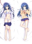  1girl :d arms_up bare_legs barefoot blue_hair blue_skirt bra checkered checkered_bra checkered_panties dakimakura date_a_live flower genderswap genderswap_(mtf) hair_flower hair_ornament hairclip itsuka_shiori jacket looking_at_viewer lying navel on_back open_clothes open_jacket open_mouth panties qingye_ling skirt skirt_pull smile solo underwear yellow_eyes 
