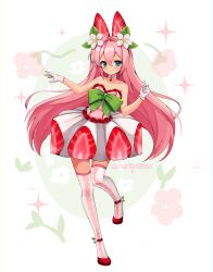 1girl 2000s_(style) animal_ears aqua_eyes blush bow choker commentary contributi0ns english_commentary flower food food_as_ears formal frilled_skirt frills fruit full_body gloves green_bow hair_flower hair_ornament highres leaf long_hair looking_at_viewer original pink_hair red_footwear shoes skirt smile sparkle standing standing_on_one_leg strapless strawberry strawberry_slice thigh-highs tube_top tumblr_username tutu very_long_hair watermark white_gloves white_skirt zettai_ryouiki 