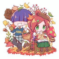  1boy 1girl :d :o ahoge alternate_costume alternate_hairstyle andou_ringo argyle_clothes argyle_sweater autumn basket beret blue_sweater blunt_bangs book boots braid branch brown_footwear brown_hat character_hair_ornament chibi chibi_only clothes_around_waist collared_shirt diorama falling_leaves finger_to_own_chin foot_dangle fringe_trim full_body futaba969649 ginkgo_leaf green_eyes green_skirt grin hair_ornament hair_over_eyes hairpin hand_up hands_up hat highres holding holding_basket holding_book l_hand layered_sleeves leaf leaf_pile long_bangs long_hair long_skirt long_sleeves maple_leaf mini_hat mushroom no_nose off-shoulder_sweater off_shoulder open_mouth pinecone plaid_clothes plaid_skirt purple_hair puyopuyo reading redhead sasaki_maguro scarf shirt shoes short_hair side-by-side side_part simple_background sitting sitting_on_tree_stump skirt smile standing standing_on_one_leg sweater sweater_vest twin_braids unmoving_pattern unworn_scarf white_background wing_collar x_hair_ornament yellow_sweater_vest 