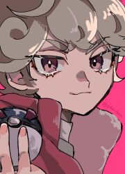  1boy :3 artist_name bad_link bede_(pokemon) closed_mouth cowlick crossed_bangs curly_hair double-parted_bangs from_side great_ball grey_hair hand_up holding holding_poke_ball jacket light_smile looking_at_viewer looking_to_the_side male_focus open_collar padded_jacket pink_background pink_eyes pink_jacket poke_ball poke_beee pokemon pokemon_swsh portrait saturated shirt simple_background solo thick_eyebrows third-party_source tsurime turtleneck turtleneck_shirt white_shirt 