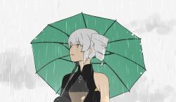  1girl bare_arms bare_shoulders black_dress buchi_(tei_fujou) clothing_cutout dress green_umbrella grey_hair holding holding_umbrella karenina:_ember_(punishing:_gray_raven) karenina_(punishing:_gray_raven) long_hair mechabare mechanical_arms orange_eyes parted_lips punishing:_gray_raven rain sidelocks single_mechanical_arm sleeveless sleeveless_dress solo umbrella underboob_cutout 