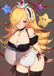  1girl absurdres apron bare_shoulders blonde_hair blue_eyes blush breasts chiko_(mario) choker cleavage cowboy_shot crown earrings flipped_hair gluteal_fold hair_over_one_eye highres jewelry large_breasts leaning_forward long_hair looking_at_viewer maid maid_headdress super_mario_bros. panties parted_lips patreon_reward rosetta_(mario) side-tie_panties simple_background smile solo songjikyo star super_mario_bros. super_mario_galaxy thigh-highs underwear waist_apron wrist_cuffs 