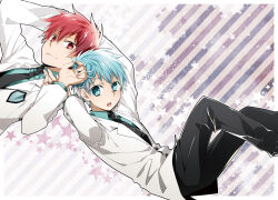  2boys akashi_seijuurou aqua_shirt black_necktie black_pants blue_eyes blue_hair border breast_pocket closed_mouth coat collared_shirt feet_out_of_frame formal frutiger_metro hand_in_another's_hair kuroko_no_basuke kuroko_tetsuya light_smile looking_at_viewer male_focus multiple_boys necktie open_mouth outside_border pants pocket red_eyes redhead school_uniform shirt short_hair starry_background striped_background suit tamiya_(konjo) teeth white_border white_coat 