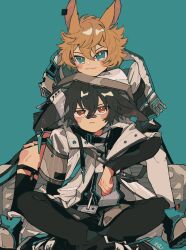  2boys animal_ears annoyed arknights asymmetrical_legwear ayerscarpe_(arknights) bandaid bandaid_on_face bandaid_on_nose between_legs black_hair black_pants black_socks blonde_hair blue_background blue_eyes blush_stickers coat commentary crossed_legs frown full_body head_rest highres hood hood_up hooded_coat legwear_garter leonhardt_(arknights) looking_at_viewer looking_up lop_rabbit_ears male_focus mismatched_legwear multiple_boys pants rabbit_boy rabbit_ears red_eyes remu_(kudarizaka_25) short_hair simple_background single_thighhigh smile socks thigh-highs white_coat white_footwear white_thighhighs 