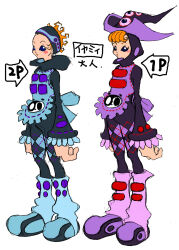  2000s_(style) 2girls adapted_costume aged_up alternate_costume animal_print apron aqua_apron aqua_bow aqua_footwear argyle_clothes argyle_legwear arms_at_sides back_bow bear_print black_eyes blue_bodysuit blue_footwear blue_headband blue_sleeves blush_stickers bodysuit boots bow character_name closed_mouth concept_art cool_cool_toon diamond_(shape) diamond_print dual_persona extra_eyes gyoubu_ippei hat headband highres hood hood_down iyamy_(cool_cool_toon) knee_boots lace-trimmed_sleeves lace_trim large_feet large_hands legs_apart long_arms long_legs looking_up multicolored_footwear multiple_girls official_alternate_costume official_art orange_hair panda_print pink_footwear pointy_hat print_apron purple_apron purple_bodysuit purple_bow purple_footwear purple_hat purple_hood purple_sleeves ribbon-trimmed_apron ribbon-trimmed_sleeves ribbon_trim shirt short_hair side-by-side simple_background sketch sleeves_past_wrists snk standing toon_(style) translation_request two-sided_fabric two-sided_headwear two-sided_hood very_short_hair white_background witch_hat yin_yang yin_yang_print 