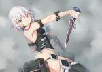  1girl absurdres assassin_of_black bandage bandaged_arm bare_shoulders black_legwear black_panties closed_mouth cowboy_shot dual_wielding fate/apocrypha fate_(series) grey_eyes highres jack_the_ripper_(fate/apocrypha) knife looking_at_viewer panties scar short_hair silver_hair solo suo_niao tattoo thigh-highs underwear 