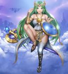  1girl bare_shoulders breasts collarbone eyebrows green_eyes green_hair kid_icarus large_breasts looking_at_viewer palutena shijima_(tanfn) sitting solo super_smash_bros. thick_thighs thigh-highs thighs white_legwear 