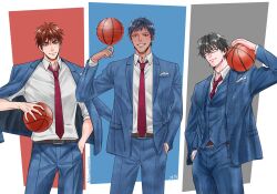  3boys aomine_daiki ball basketball_(object) belt black-framed_eyewear black_hair blue_coat blue_hair blue_pants blue_vest brown_belt closed_eyes closed_mouth coat coat_on_shoulders cowboy_shot formal glasses grin hand_in_pocket highres holding holding_ball imayoshi_shouichi kagami_taiga kino_koo kuroko_no_basuke light_smile long_sleeves looking_at_viewer male_focus multicolored_background multiple_boys necktie pants red_necktie redhead shirt short_hair smile teeth vest white_shirt 