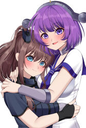  2girls black_dress black_gloves blue_eyes blue_necktie blue_sailor_collar breasts brown_hair dress fingerless_gloves gloves hair_between_eyes headgear high_side_ponytail highres hug kantai_collection large_breasts lexington_(kancolle) long_hair long_necktie medium_hair multiple_girls necktie ponytail purple_hair sailor_collar sailor_dress saratoga_(kancolle) saratoga_mk_ii_(kancolle) side_ponytail sidelocks smokestack_hair_ornament violet_eyes white_dress yomogi_dango 