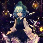  1girl bangs blue_eyes blue_hair blue_skirt bow cirno crescent daimaou_ruaeru glass green_bow hair_bow highres ice ice_wings long_sleeves looking_at_viewer open_mouth skirt skirt_set smile snowflakes solo star touhou vest wings 