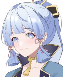  1girl :3 absurdres blue_eyes blue_hair blunt_tresses commentary flower_knot genshin_impact highres kagara kamisato_ayaka light_blue_hair mole mole_under_eye neck_tassel ponytail portrait smile solo 