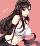  1girl breasts chocolate_hair cleavage elbow_gloves final_fantasy final_fantasy_vii gloves large_breasts lips long_hair low-tied_long_hair midriff miniskirt pencil_skirt simple_background skirt solo suspender_skirt suspenders tama_(tmfy5) tank_top tifa_lockhart upper_body 