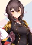  1girl absurdres azur_lane breasts buttons closed_mouth commentary_request cowboy_shot epaulettes hair_between_eyes highres horns long_hair long_sleeves looking_at_viewer medium_breasts mikasa_(azur_lane) military military_uniform nanakaku solo uniform upper_body yellow_eyes 