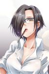 1girl black-framed_eyewear black_hair breasts brown_eyes collarbone commentary_request cowboy_shot food food_in_mouth glasses hair_over_one_eye highres ishii_takuma looking_at_viewer medium_breasts mouth_hold original pocky pocky_day shirt short_hair solo white_shirt 
