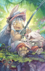  1other animal_ears brown_fur claws creature fangs fishing_rod furry grass hat highres holding holding_fishing_rod horizontal_pupils horned_hat long_hair looking_at_another made_in_abyss mitty_(made_in_abyss) nanachi_(made_in_abyss) narehate open_mouth outdoors pants rabbit_ears red_hat red_pants sidelocks sitting smile whiskers white_hair yamaori_(hakkentai_pokedan) yellow_eyes 