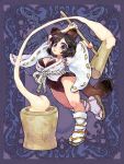  1girl animal_ears arched_back bare_legs black_eyes black_hair breasts food foot_up hammer holding ifelt_(tamaki_zutama) japanese_clothes kimono large_breasts leotard mochi mochitsuki original rope sandals shimenawa short_hair solo tabi tail wagashi wide_sleeves 