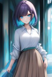  1girl ai-generated blue_background blue_eyes breasts brown_skirt highres medium_breasts multicolored_hair non-web_source off-topic purple_hair shirt skirt streaked_hair white_shirt 