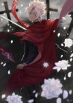  1boy 2017 black_jacket black_pants cape dated earrings fate/apocrypha fate_(series) from_behind heri_(sniper579) highres holding holding_sword holding_weapon jacket jewelry kotomine_shirou looking_at_viewer pants petals red_cape signature silver_hair smile solo spiky_hair standing sword weapon white_flower yellow_eyes 