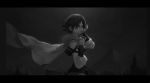  1girl cape cowboy_shot crying dishwasher1910 greyscale highres letterboxed monochrome one_eye_closed ruby_rose rwby short_hair solo 